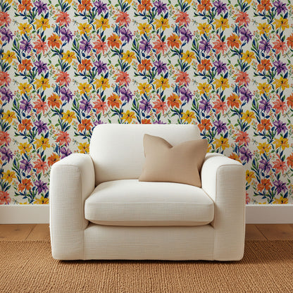 Golden Hour Firefly Social floral wallpaper behind a cream boucle armchair on a jute rug