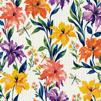 Firefly Social Floral Dragonfly Wallpaper in Golden Hour on basketweave, showing the woven paper texture beneath golden, coral and lavender blooms