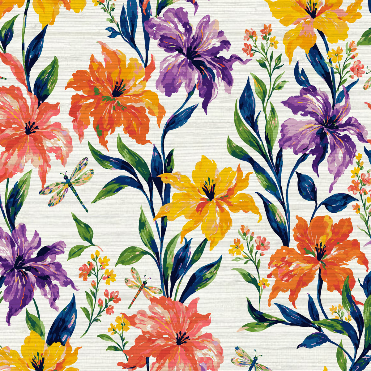Firefly Social Floral Dragonfly Wallpaper in Golden Hour on grasscloth: painterly golden yellow, coral and lavender lilies with dragonflies on a cream ground