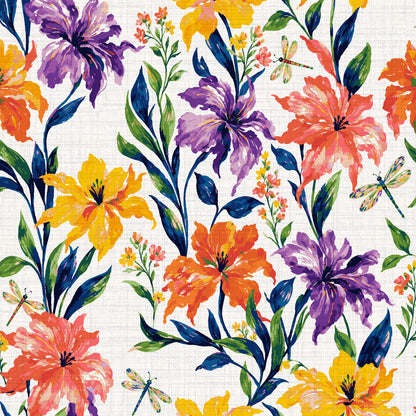 Firefly Social Floral Dragonfly Wallpaper in Golden Hour on textured vinyl: colorful lilies, green foliage and dragonflies on a cream ground