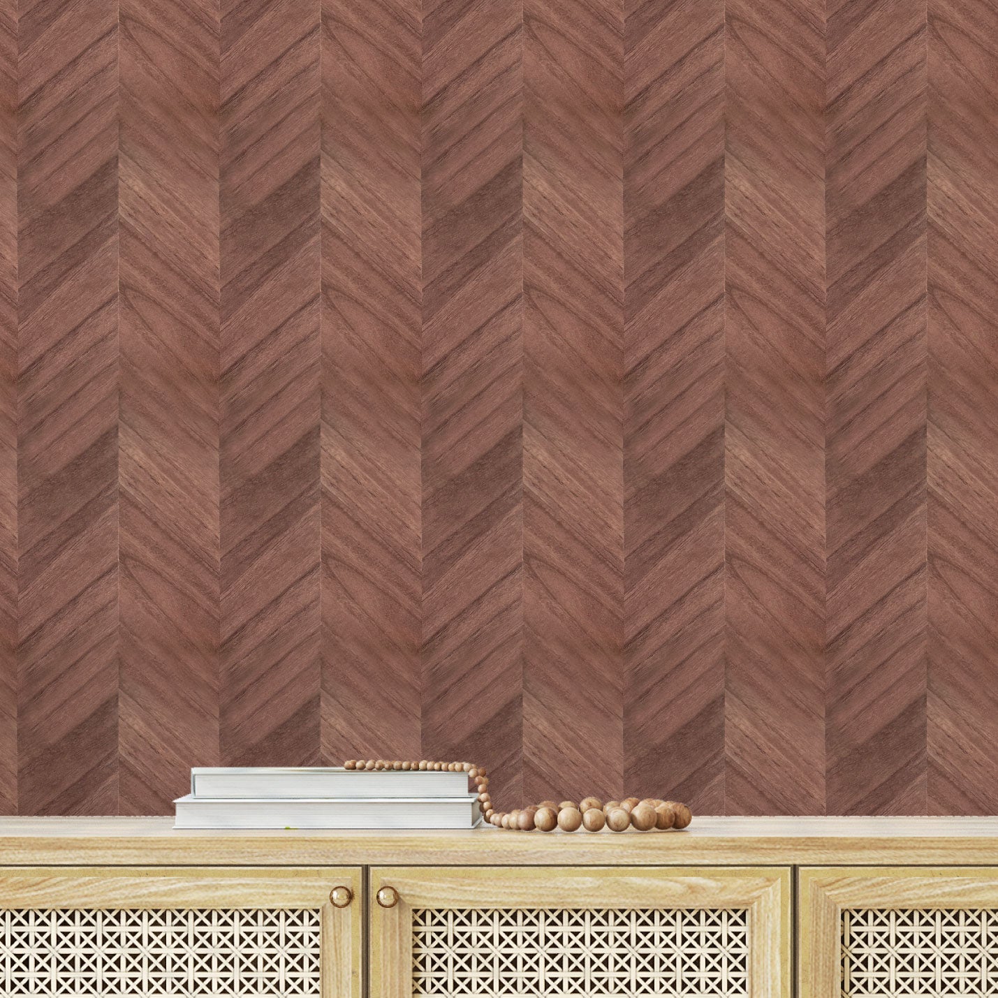 wallpaper Natural Textured Eco-Friendly Non-toxic High-quality Sustainable Interior Design Bold Custom Tailor-made Retro chic Vacation home styling Retreat Relaxed beach vibes Beach cottage Shoreline Oceanfront Nautical Rustic Cabin cottage Luxury Contemporary Bespoke wood grain veneer chevron stripe dark brown entrance foyer credenza veneer