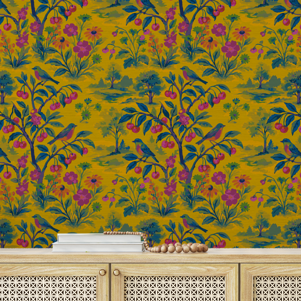 Free Bird Cherry Tree Toile Wallpaper