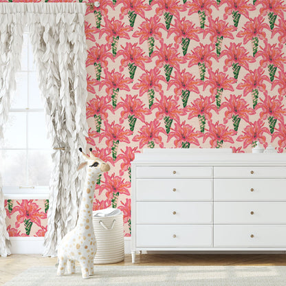 Grasscloth wallpaper Natural Textured Eco-Friendly Non-toxic High-quality Sustainable Interior Design Bold Custom Tailor-made Retro chic Tropical Jungle garden nature inspired floral botanical flowers bouquet pink rose hot pink preppy kids room nursery bedroom girl room
