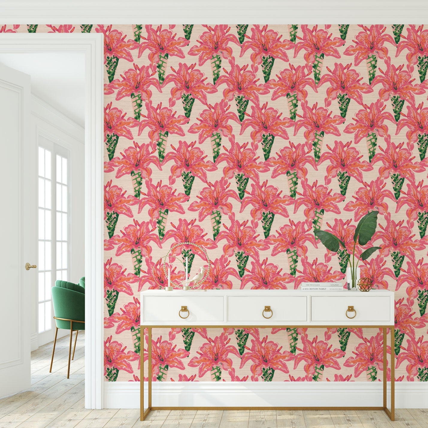 Grasscloth wallpaper Natural Textured Eco-Friendly Non-toxic High-quality Sustainable Interior Design Bold Custom Tailor-made Retro chic Tropical Jungle garden nature inspired floral botanical flowers bouquet pink rose hot pink preppy
