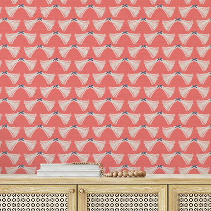 June St. George pink tassels bows on red wallpaper wall covering grasscloth grass cloth paper weave textured custom luxury natural woman artist women contemporary modern interior design bold tailor made Eco-Friendly
Non-toxic
High-quality 
Sustainable
Retro chic
Grand millennial
Maximalism 
Traditional
Dopamine decor
girly
