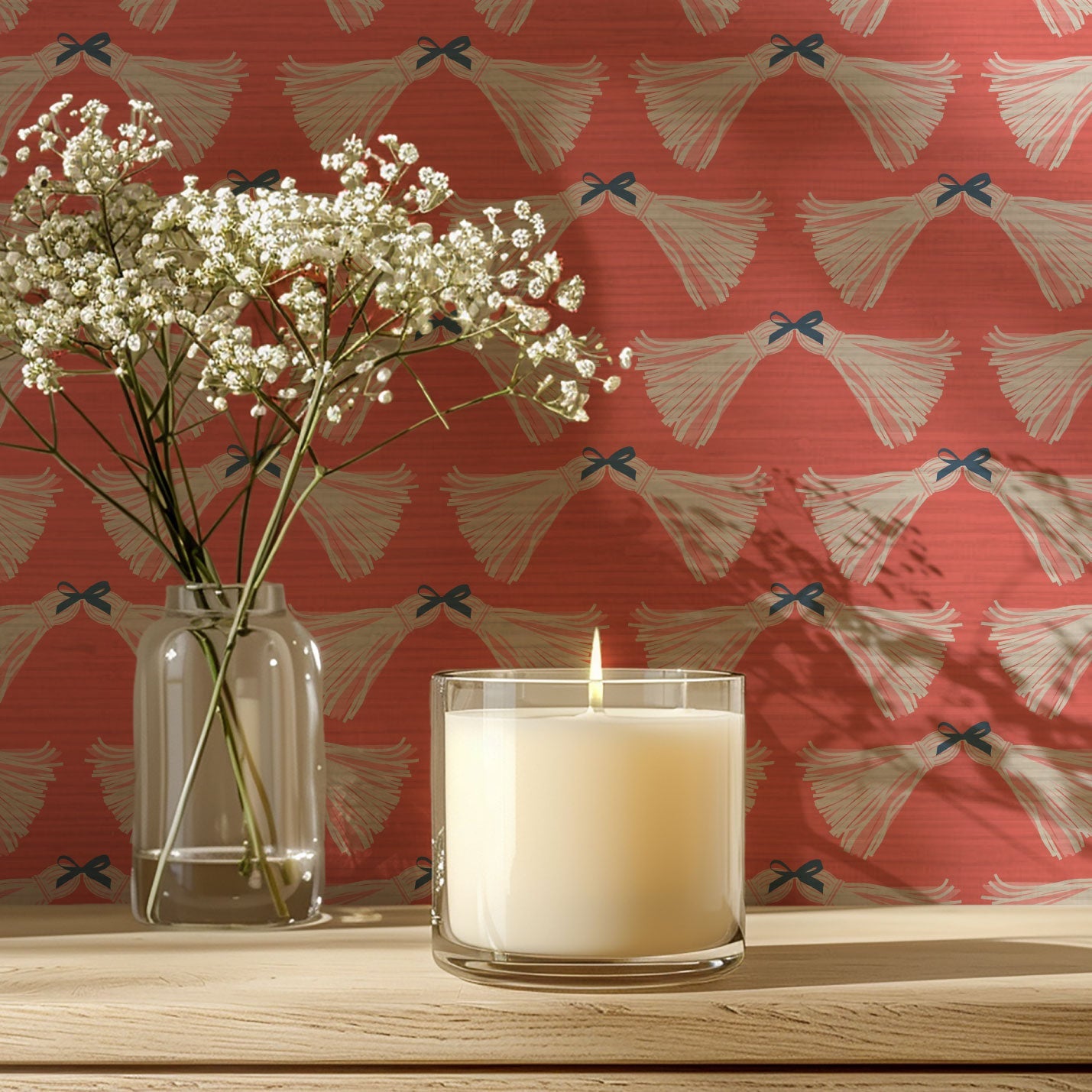 June St. George pink tassels bows on red wallpaper wall covering grasscloth grass cloth paper weave textured custom luxury natural woman artist women contemporary modern interior design bold tailor made Eco-Friendly
Non-toxic
High-quality 
Sustainable
Retro chic
Grand millennial
Maximalism 
Traditional
Dopamine decor
girly
