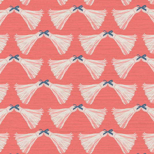 June St. George pink tassels bows on red wallpaper wall covering grasscloth grass cloth paper weave textured custom luxury natural woman artist women contemporary modern interior design bold tailor made Eco-Friendly
Non-toxic
High-quality 
Sustainable
Retro chic
Grand millennial
Maximalism 
Traditional
Dopamine decor
girly
