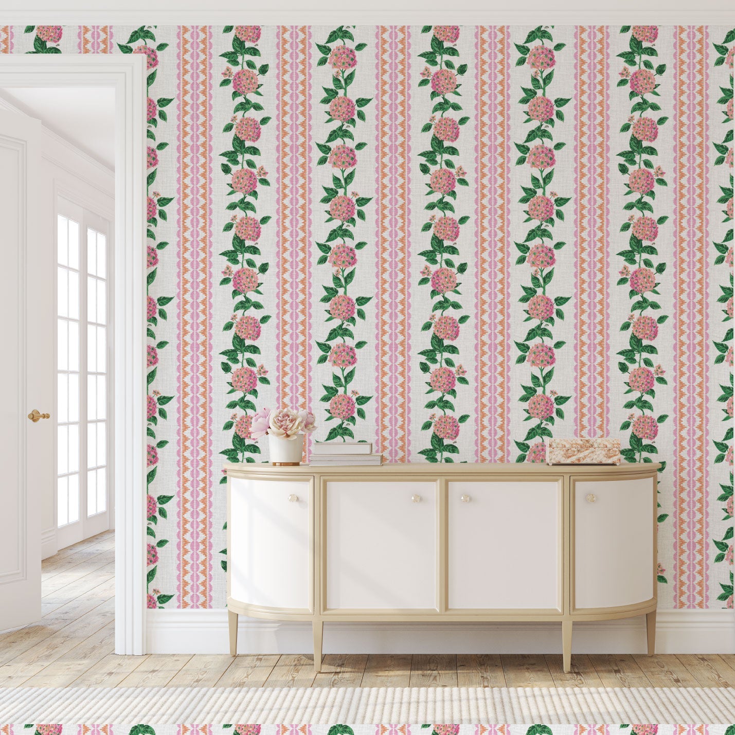 wallpaper Natural Textured Eco-Friendly Non-toxic High-quality Sustainable Interior Design Bold Custom Tailor-made Retro chic Grand millennial Maximalism Traditional Dopamine decor preppy garden botanical hydrangea floral stripe leaf lace pink orange purple girl nursery kid feminine grandma chic cottage core traditional american countryside linen high-end luxury designer 