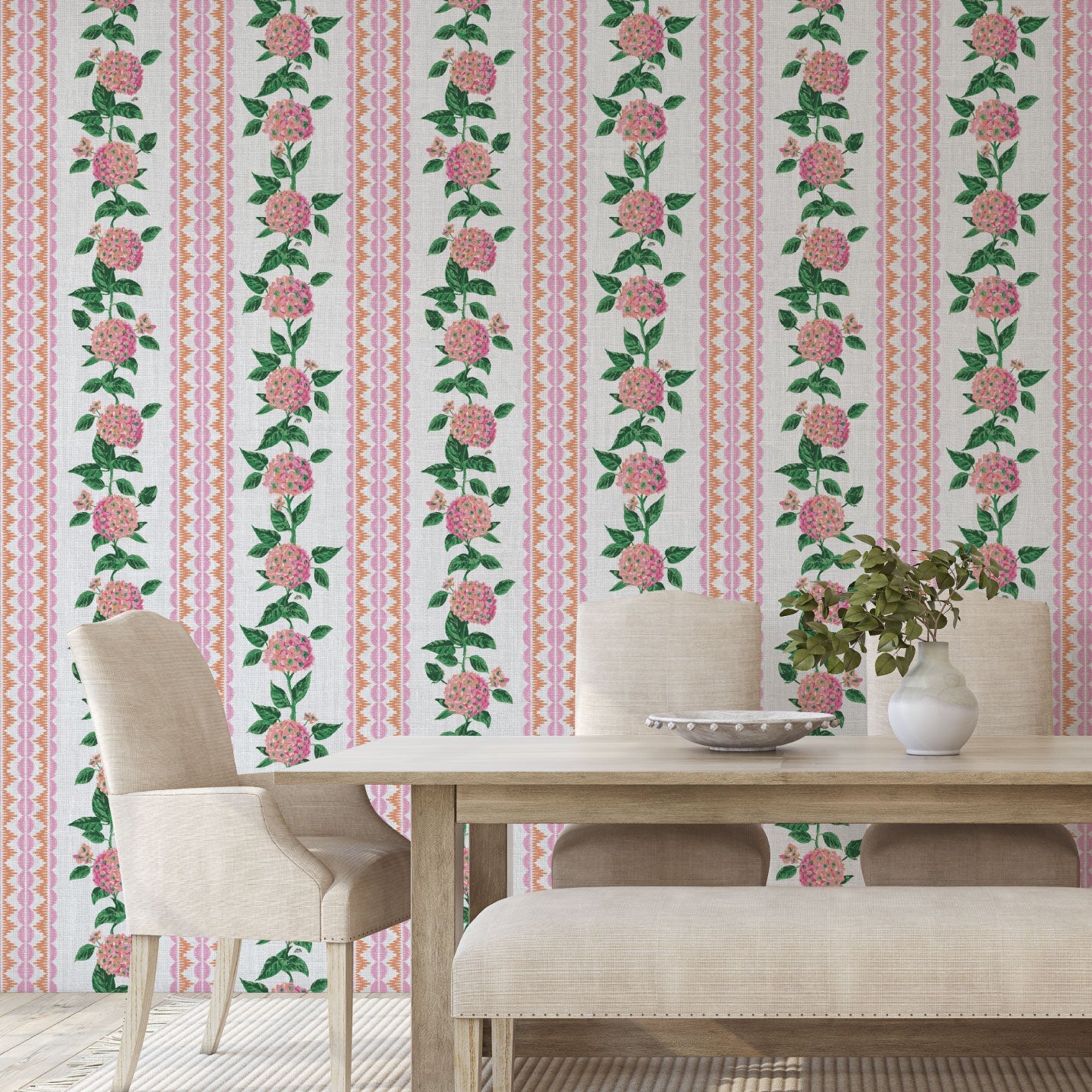 wallpaper Natural Textured Eco-Friendly Non-toxic High-quality Sustainable Interior Design Bold Custom Tailor-made Retro chic Grand millennial Maximalism Traditional Dopamine decor preppy garden botanical hydrangea floral stripe leaf lace pink orange purple girl nursery kid feminine grandma chic cottage core traditional american countryside linen high-end luxury designer 