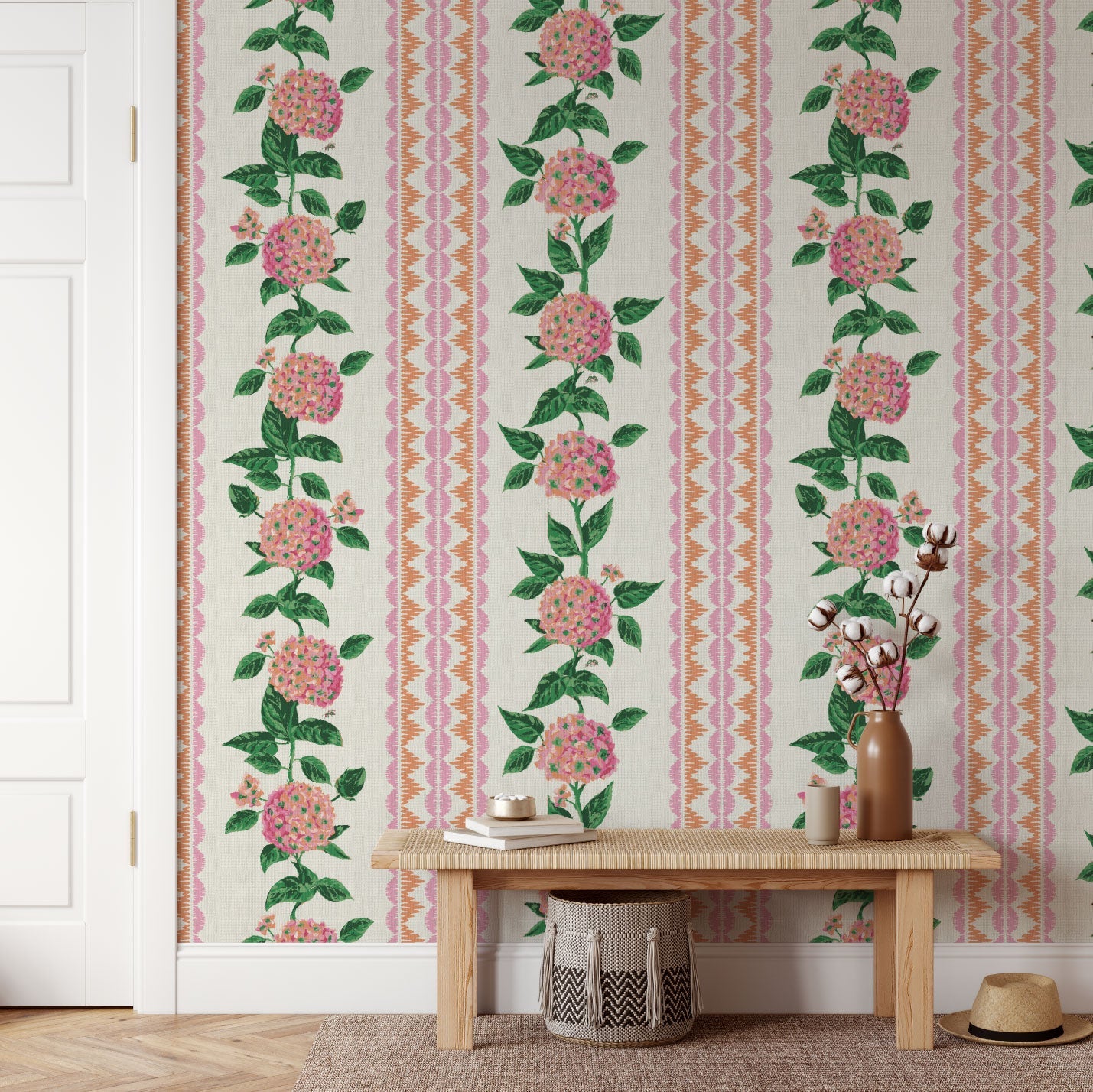 Grasscloth Paper Weave wallpaper Natural Textured Eco-Friendly Non-toxic High-quality Sustainable Interior Design Bold Custom Tailor-made Retro chic Grand millennial Maximalism Traditional Dopamine decor preppy garden botanical hydrangea floral stripe leaf lace pink orange purple girl nursery kid feminine grandma chic cottage core traditional american countryside paperweave