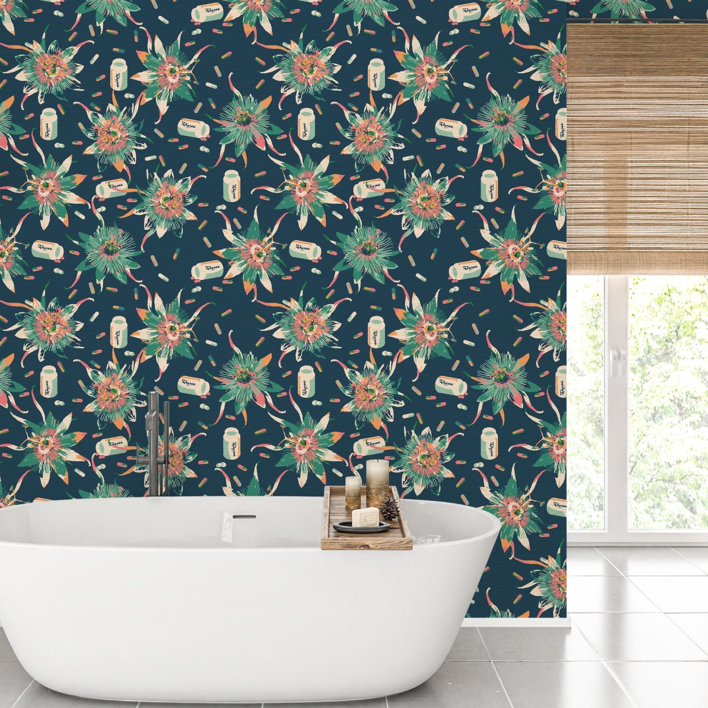navy printed grasscloth wallpaper texture wallcover sustainable custom eco-friendly natural floral botanical flowers prozac funny tossed pills allover tropical flowers blue bathroom