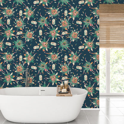 navy printed grasscloth wallpaper texture wallcover sustainable custom eco-friendly natural floral botanical flowers prozac funny tossed pills allover tropical flowers blue bathroom