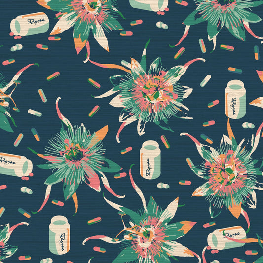 navy printed grasscloth wallpaper texture wall-cover sustainable custom eco-friendly natural floral botanical flowers prozac funny tossed pills allover tropical flowers blue vice