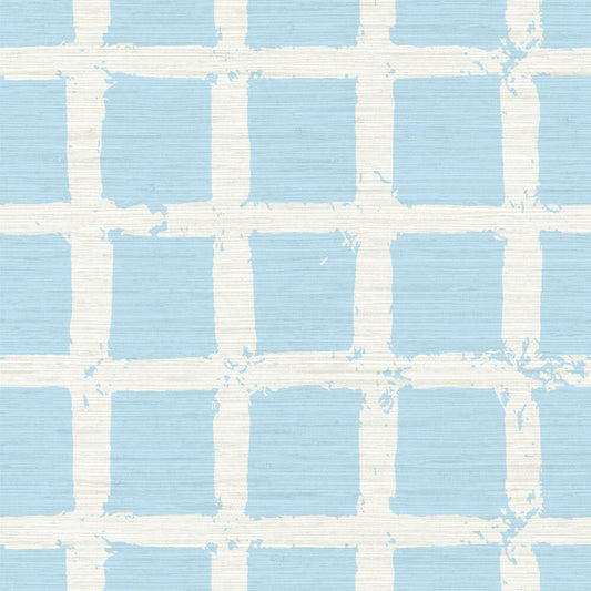 Grasscloth wallpaper in hand painted square pattern emulating window panes in an oversized plaid layout with a french blue base on cream printGrasscloth wallpaper Natural Textured Eco-Friendly Non-toxic High-quality  Sustainable Interior Design Bold Custom Tailor-made Retro chic Bold coastal beach french blue sky ocean white
