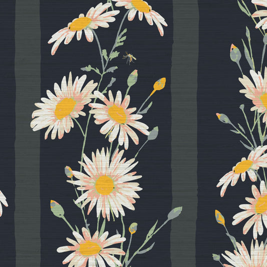 Grasscloth wallpaper Natural Textured Eco-Friendly Non-toxic High-quality  Sustainable Interior Design Bold Custom Tailor-made Retro chic Coastal Garden Seaside Seashore Waterfront Vacation home styling Retreat Relaxed beach vibes Beach cottage Shoreline Oceanfront Nautical Cabana preppy kid kids bedroom playroom wide vertical stripe floral flowers botanical daisies black pink white