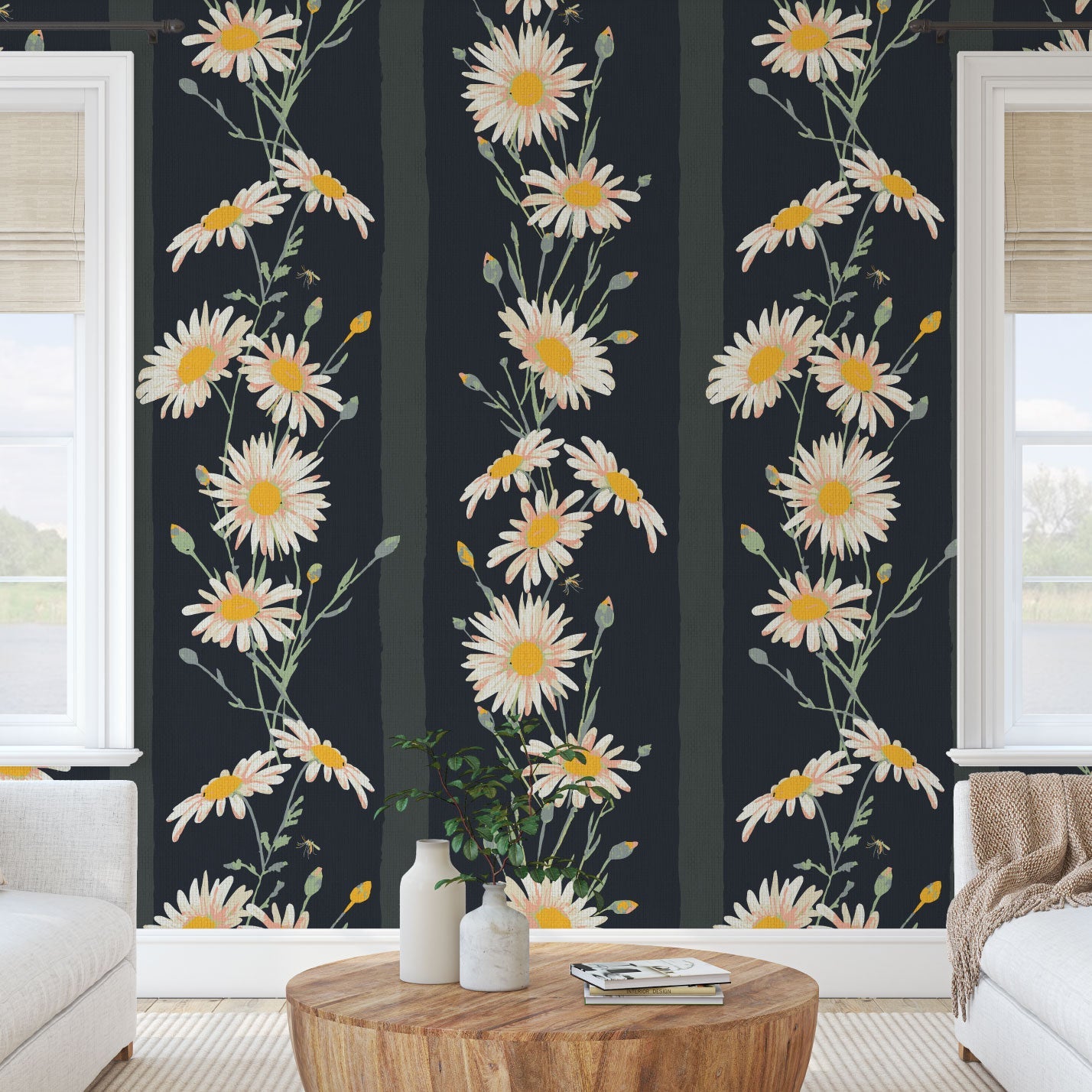 wallpaper Natural Textured Eco-Friendly Non-toxic High-quality Sustainable Interior Design Bold Custom Tailor-made Retro chic Coastal Garden Seaside Seashore Waterfront Vacation home styling Retreat Relaxed beach vibes Beach cottage Shoreline Oceanfront Nautical Cabana preppy kid kids bedroom playroom wide vertical stripe floral flowers botanical daisies black pink white paper weave paperweave