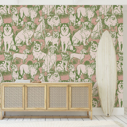 dog printed grasscloth paper weave wallpaper puppy huskie, bulldogs, mastiff, wiener, beagles, yorkie Natural Textured Eco-Friendly Non-toxic High-quality  Sustainable Interior Design Bold Custom kids mudroom veterinary grooming animal pink olive entrance foyer