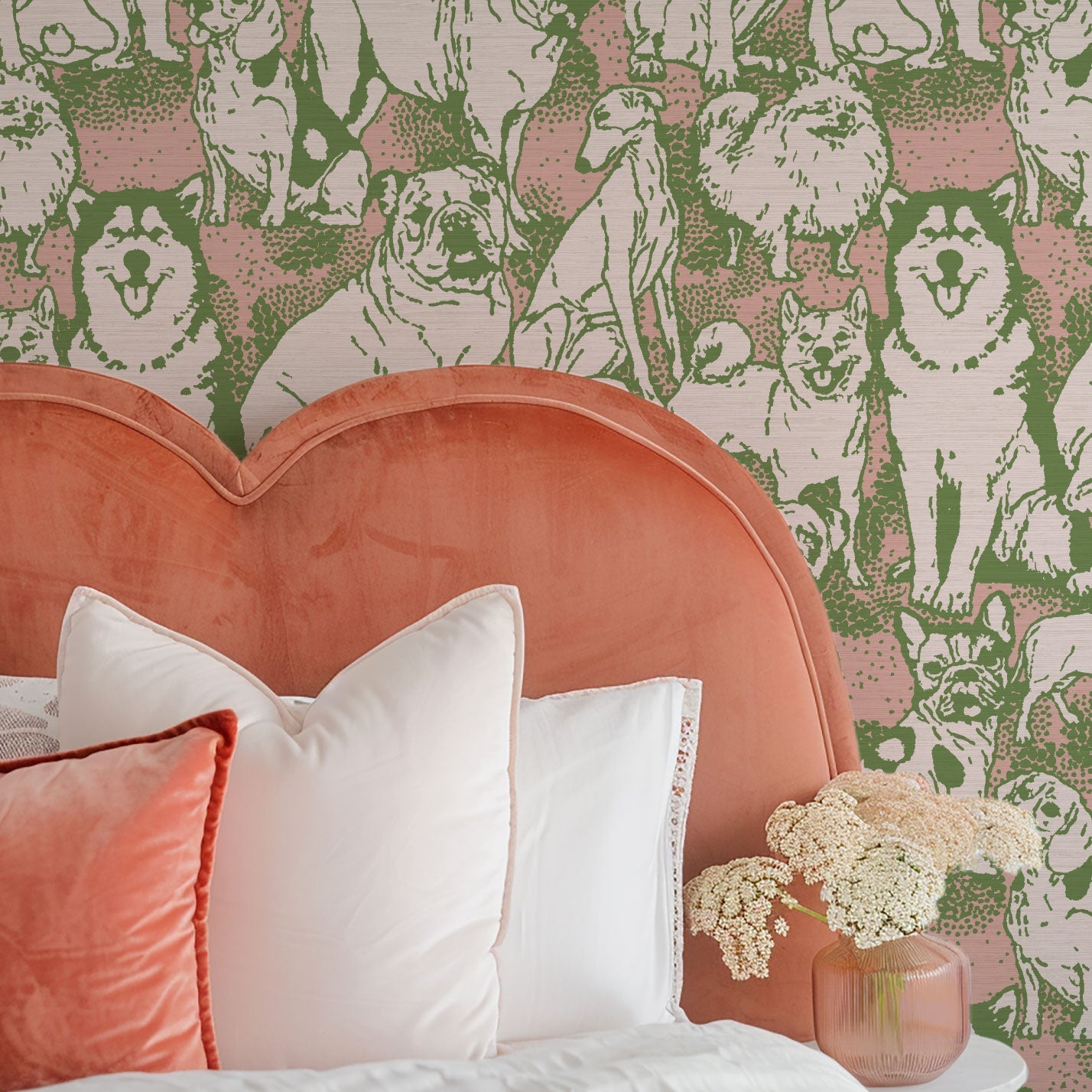 dog printed grasscloth paper weave wallpaper puppy huskie, bulldogs, mastiff, wiener, beagles, yorkie Natural Textured Eco-Friendly Non-toxic High-quality  Sustainable Interior Design Bold Custom kids mudroom veterinary grooming animal pink olive entrance foyer