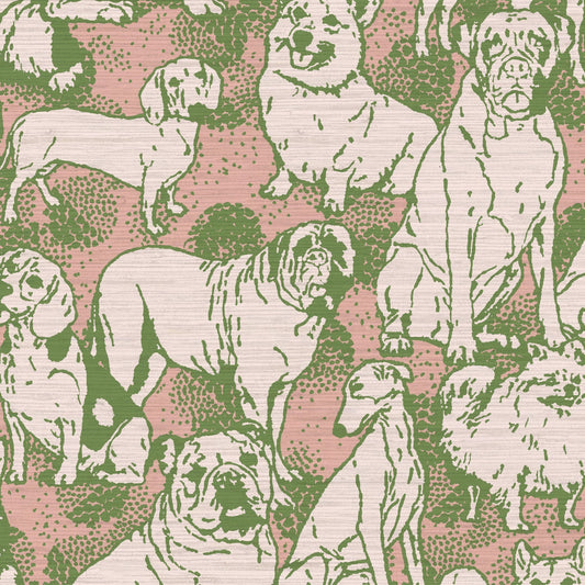 dog printed grasscloth paper weave wallpaper puppy huskie, bulldogs, mastiff, wiener, beagles, yorkie Natural Textured Eco-Friendly Non-toxic High-quality  Sustainable Interior Design Bold Custom kids mudroom veterinary grooming animal pink olive entrance foyer