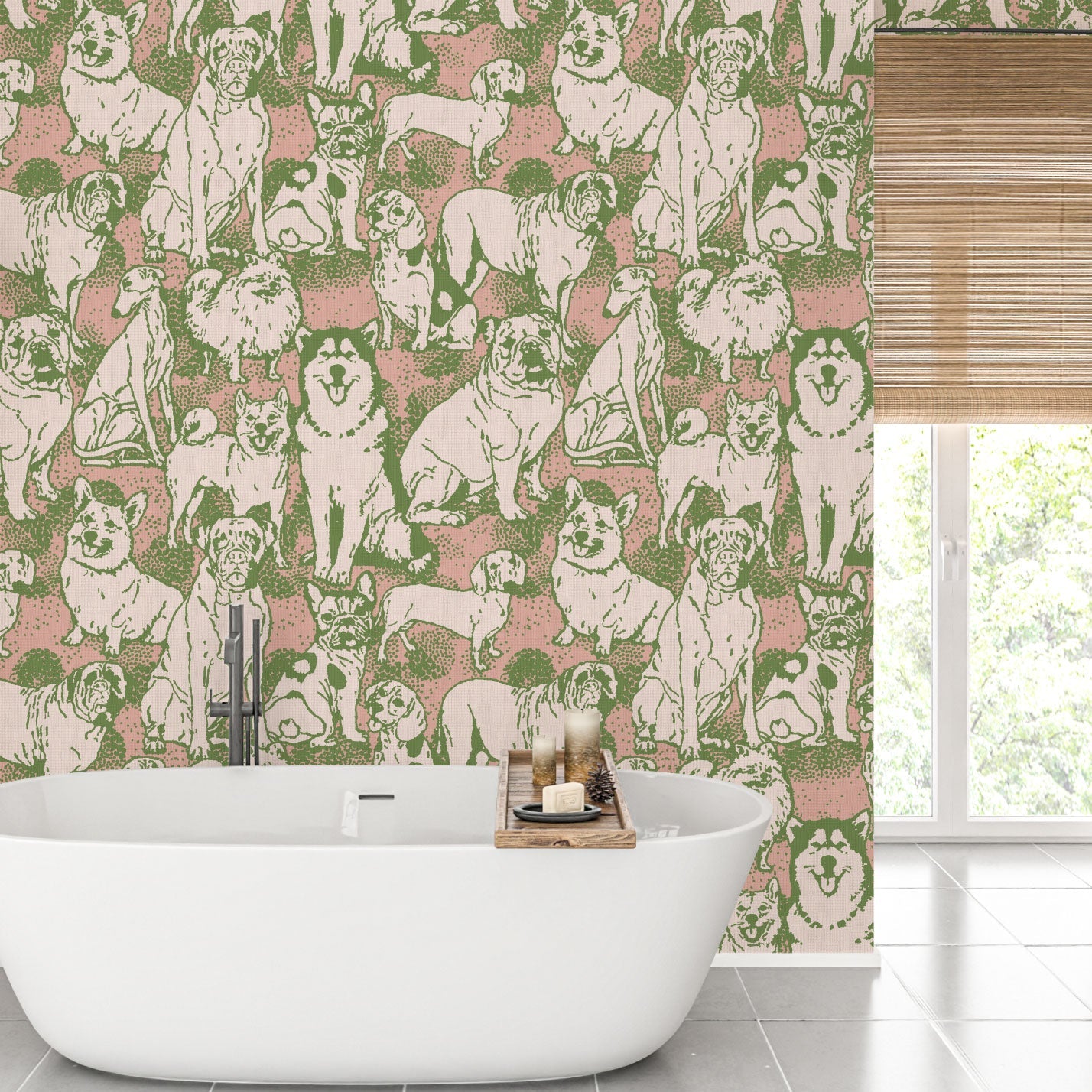 dog printed paperweave basketweave paper weave wallpaper puppy huskie, bulldogs, mastiff, wiener, beagles, yorkie Natural Textured Eco-Friendly Non-toxic High-quality  Sustainable Interior Design Bold Custom kids mudroom veterinary grooming animal pink olive entrance foyer