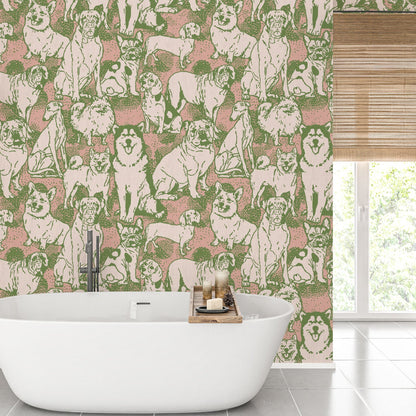 dog printed paperweave basketweave paper weave wallpaper puppy huskie, bulldogs, mastiff, wiener, beagles, yorkie Natural Textured Eco-Friendly Non-toxic High-quality  Sustainable Interior Design Bold Custom kids mudroom veterinary grooming animal pink olive entrance foyer