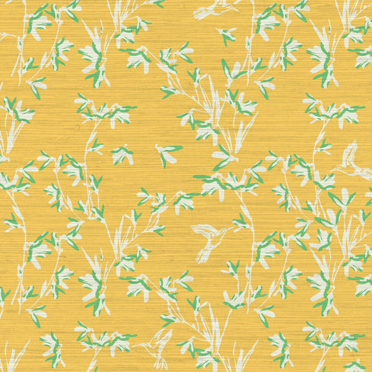 Chinoiserie Chinese Chinz Natural Textured Eco-Friendly Non-toxic High-quality  Sustainable practices Sustainability Wall covering Wallcovering Wallpaper Custom interior Bespoke Tailor-made grasscloth Nature inspired Bold Garden Wallpaper floral tree bird animal hummingbird garden tree asian inspired nursery feminine girl bedroom butter yellow bright yellow marigold yellow with white and light green