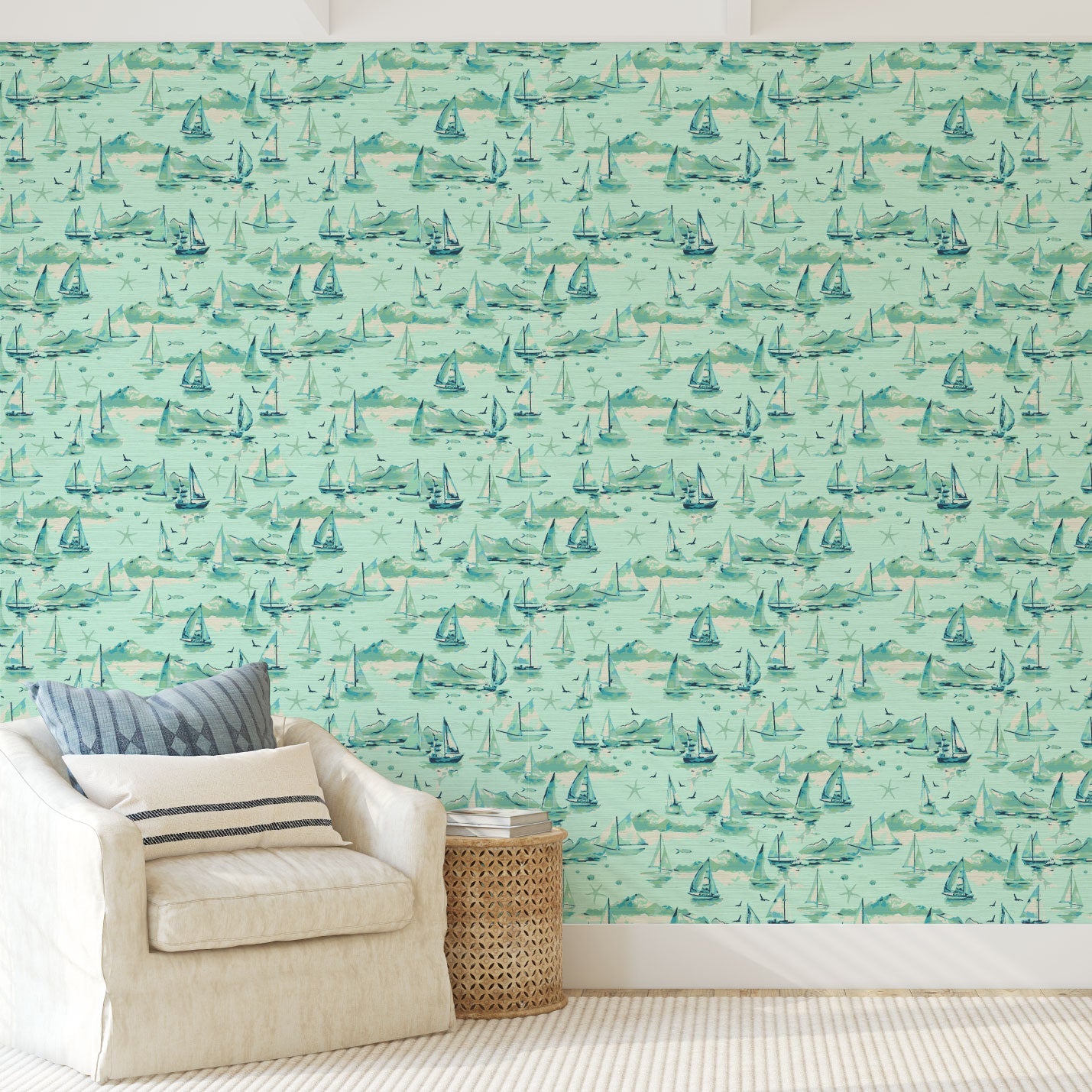 Grasscloth Paper Weave wallpaper Natural Textured Eco-Friendly Non-toxic High-quality  Sustainable Interior Design Bold Custom Tailor-made Retro chic Grand millennial Maximalism  Traditional Dopamine decor sailboat preppy coastal seaside waterfront vacation shoreline oceanfront nautical beach cottage retreat seaside mint green