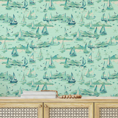 Grasscloth Paper Weave wallpaper Natural Textured Eco-Friendly Non-toxic High-quality  Sustainable Interior Design Bold Custom Tailor-made Retro chic Grand millennial Maximalism  Traditional Dopamine decor sailboat preppy coastal seaside waterfront vacation shoreline oceanfront nautical beach cottage retreat seaside mint green
