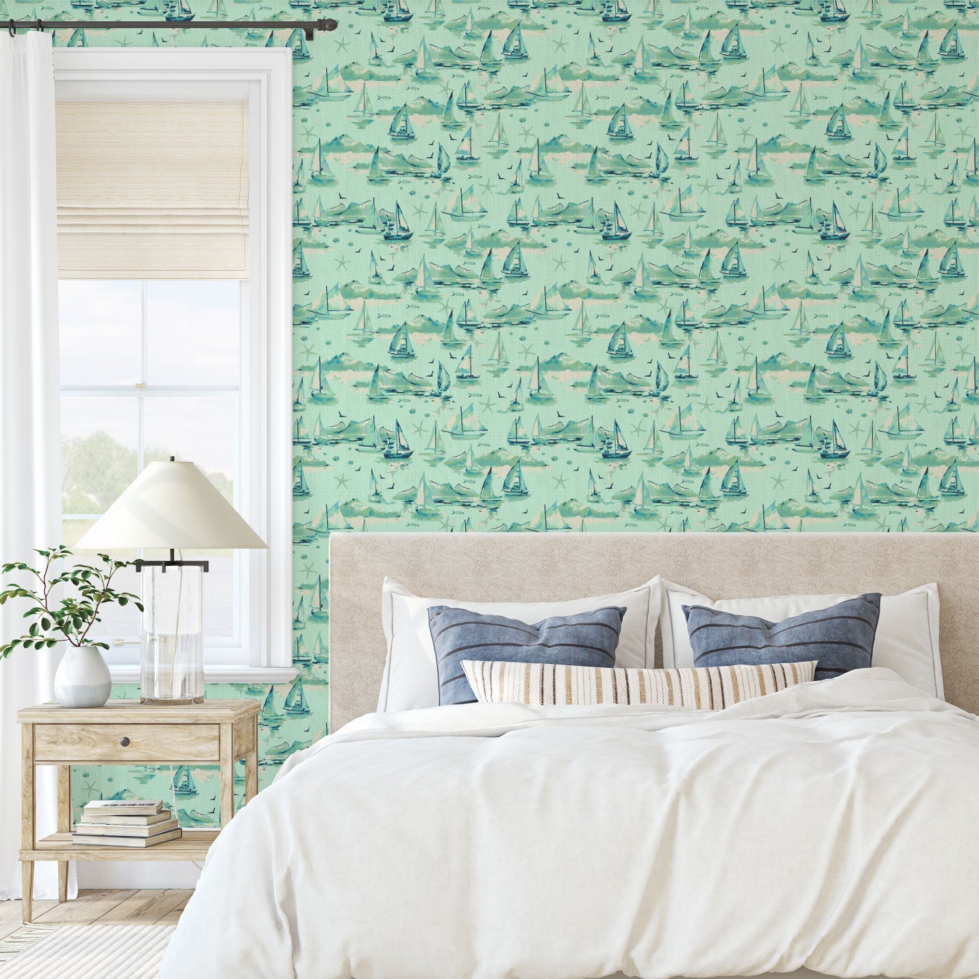 Grasscloth Paper Weave wallpaper Natural Textured Eco-Friendly Non-toxic High-quality  Sustainable Interior Design Bold Custom Tailor-made Retro chic Grand millennial Maximalism  Traditional Dopamine decor sailboat preppy coastal seaside waterfront vacation shoreline oceanfront nautical beach cottage retreat seaside mint green