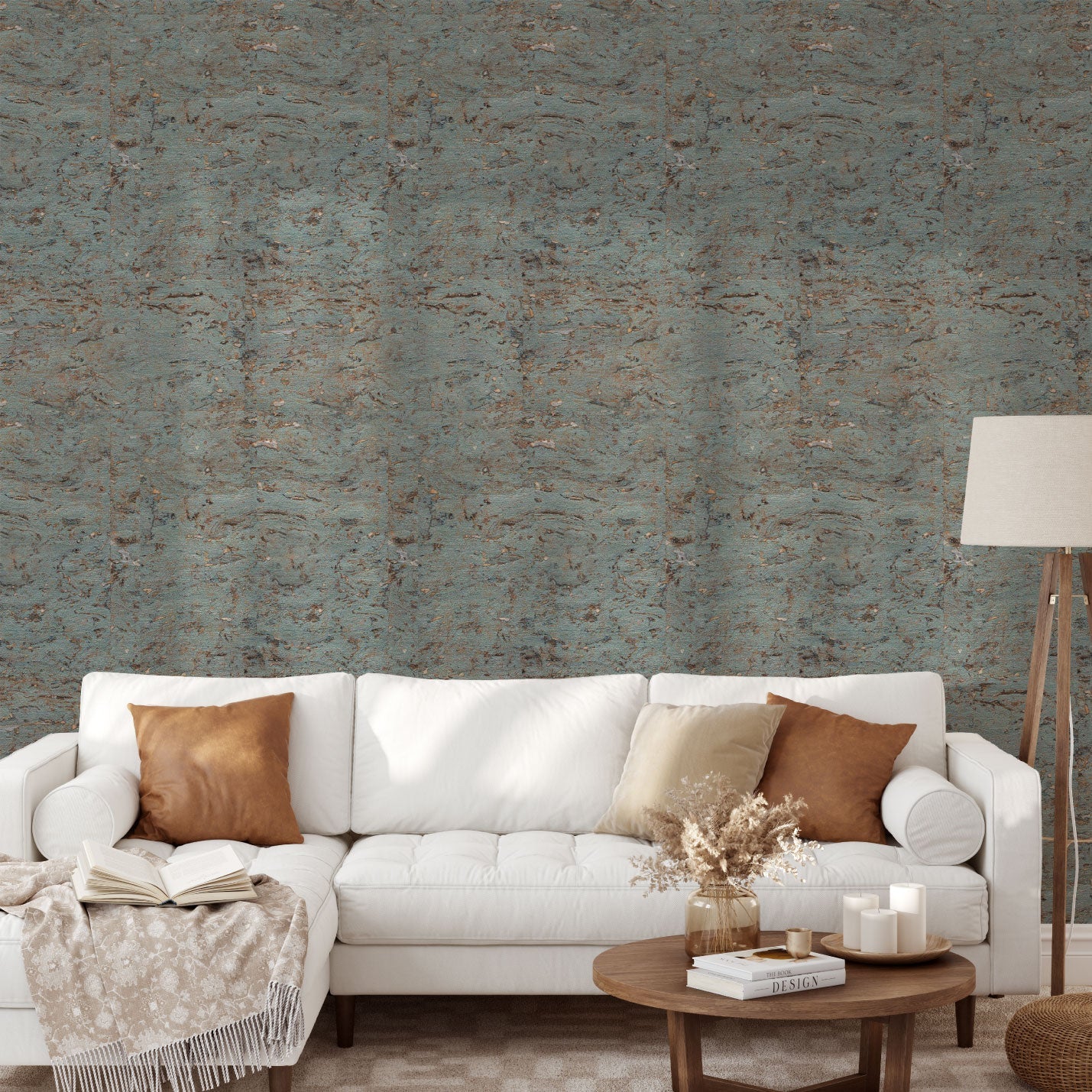 wallpaper Natural Textured Eco-Friendly Non-toxic High-quality Sustainable Interior Design Bold Custom Tailor-made Retro chic Bold cork rustic cabin cottage neutral moss green brown nature wood grain metallic shiny shine silver living room