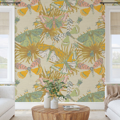 Grasscloth wallpaper Natural Textured Eco-Friendly Non-toxic High-quality  Sustainable Interior Design Bold Custom Tailor-made Retro chic Bold tropical butterfly bug palm leaves animals botanical garden nature kids playroom bedroom nursery beige neutral cream