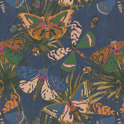 printed wallpaper with allover butterflies, palm leaves and mini insects overlapped in an oversized print.Grasscloth wallpaper Natural Textured Eco-Friendly Non-toxic High-quality Sustainable Interior Design Bold Custom Tailor-made Retro chic Bold tropical butterfly bug palm leaves animals botanical garden nature kids playroom bedroom nursery navy green jungle blue dark linen