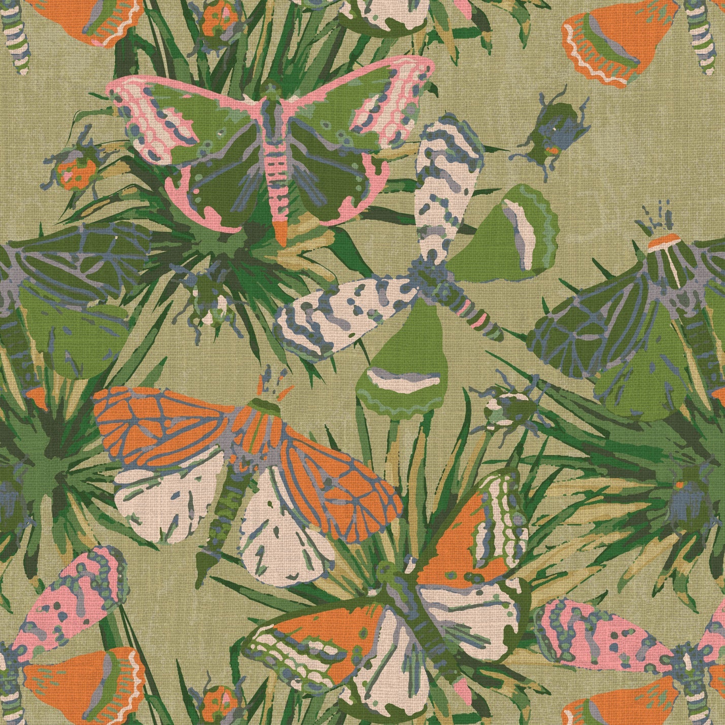 wallpaper Natural Textured Eco-Friendly Non-toxic High-quality Sustainable Interior Design Bold Custom Tailor-made Retro chic Bold tropical butterfly bug palm leaves animals botanical garden nature kids playroom bedroom nursery green moss jungle olive linen