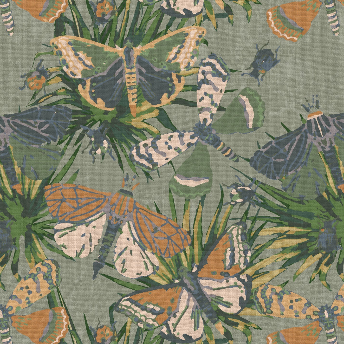 printed wallpaper with allover butterflies, palm leaves and mini insects overlapped in an oversized print.Grasscloth wallpaper Natural Textured Eco-Friendly Non-toxic High-quality Sustainable Interior Design Bold Custom Tailor-made Retro chic Bold tropical butterfly bug palm leaves animals botanical garden nature kids playroom bedroom nursery green moss jungle olive linen
