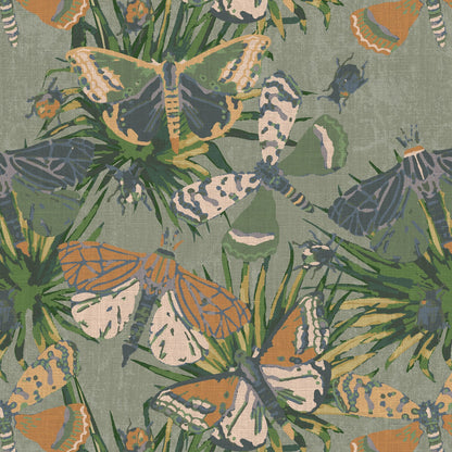 printed wallpaper with allover butterflies, palm leaves and mini insects overlapped in an oversized print.Grasscloth wallpaper Natural Textured Eco-Friendly Non-toxic High-quality Sustainable Interior Design Bold Custom Tailor-made Retro chic Bold tropical butterfly bug palm leaves animals botanical garden nature kids playroom bedroom nursery green moss jungle olive linen