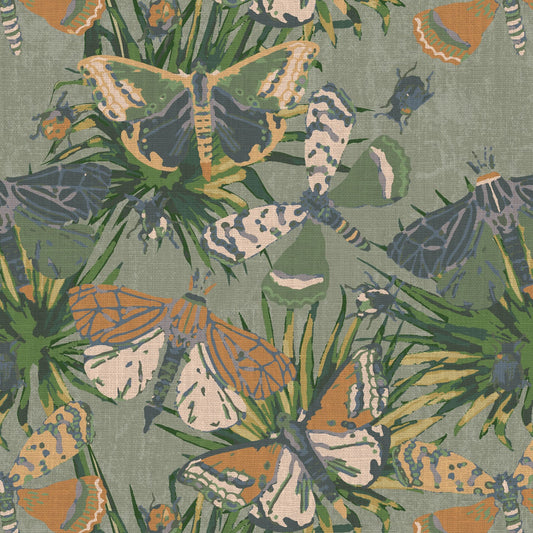 printed wallpaper with allover butterflies, palm leaves and mini insects overlapped in an oversized print.Grasscloth wallpaper Natural Textured Eco-Friendly Non-toxic High-quality Sustainable Interior Design Bold Custom Tailor-made Retro chic Bold tropical butterfly bug palm leaves animals botanical garden nature kids playroom bedroom nursery green moss jungle olive linen