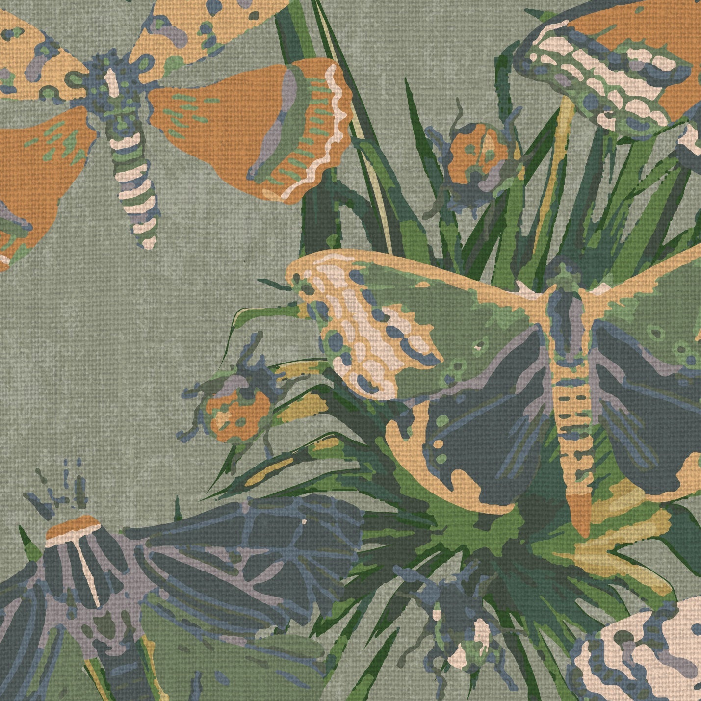 printed wallpaper with allover butterflies, palm leaves and mini insects overlapped in an oversized print.Grasscloth wallpaper Natural Textured Eco-Friendly Non-toxic High-quality Sustainable Interior Design Bold Custom Tailor-made Retro chic Bold tropical butterfly bug palm leaves animals botanical garden nature kids playroom bedroom nursery green moss jungle olive linen