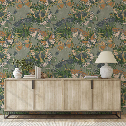 printed wallpaper with allover butterflies, palm leaves and mini insects overlapped in an oversized print.Grasscloth wallpaper Natural Textured Eco-Friendly Non-toxic High-quality Sustainable Interior Design Bold Custom Tailor-made Retro chic Bold tropical butterfly bug palm leaves animals botanical garden nature kids playroom bedroom nursery green moss jungle olive linen