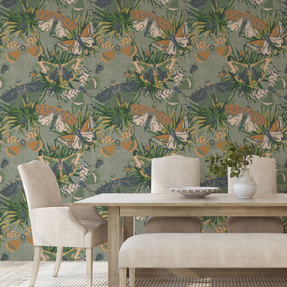 printed wallpaper with allover butterflies, palm leaves and mini insects overlapped in an oversized print.Grasscloth wallpaper Natural Textured Eco-Friendly Non-toxic High-quality Sustainable Interior Design Bold Custom Tailor-made Retro chic Bold tropical butterfly bug palm leaves animals botanical garden nature kids playroom bedroom nursery green moss jungle olive linen