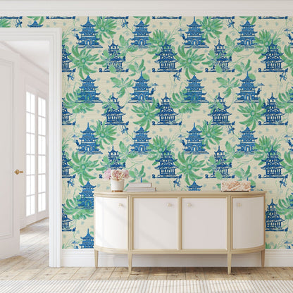 Natural Textured Eco-Friendly Non-toxic High-quality  Sustainable practices Sustainability Wall covering Wallcovering Wallpaper luxury bespoke custom interior design asian inspired green palm leaf garden print floral tree branches pagoda shades of blue french blue monkey retro chic grid  Chinoiserie chinese classic chintz french blue green