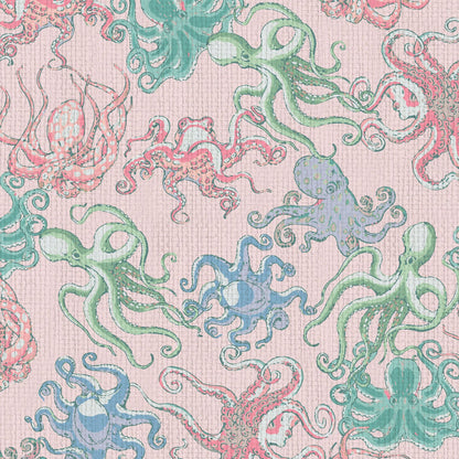 Tropical Jungle Coastal Garden Seaside Seashore Waterfront Retreat Relaxed beach vibes Beach cottage Shoreline Oceanfront Nautical Cabana preppy octopus octopi fish sea animals underwater sea ocean pastel pink girl kids nursery playroom Grasscloth Paper Weave Wallpaper Wall Covering