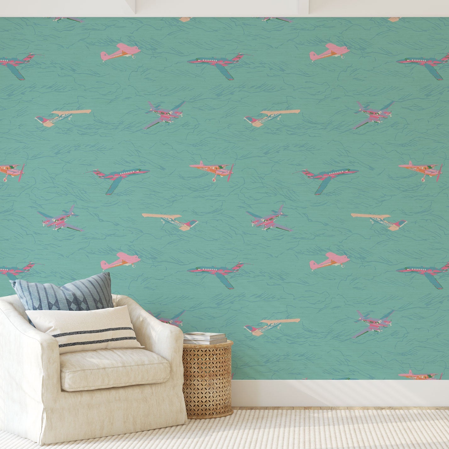 Grasscloth wallpaper Natural Textured Eco-Friendly Non-toxic High-quality  Sustainable Interior Design Bold Custom Tailor-made Retro chic Seaside Seashore Waterfront Vacation home styling Retreat Relaxed beach vibes Beach cottage Shoreline Oceanfront Nautical Cabana preppy coastal green blue teal ocean sky mountain airplane jet plane aeroplane pink teal purple pastel neon kids gameroom play toys