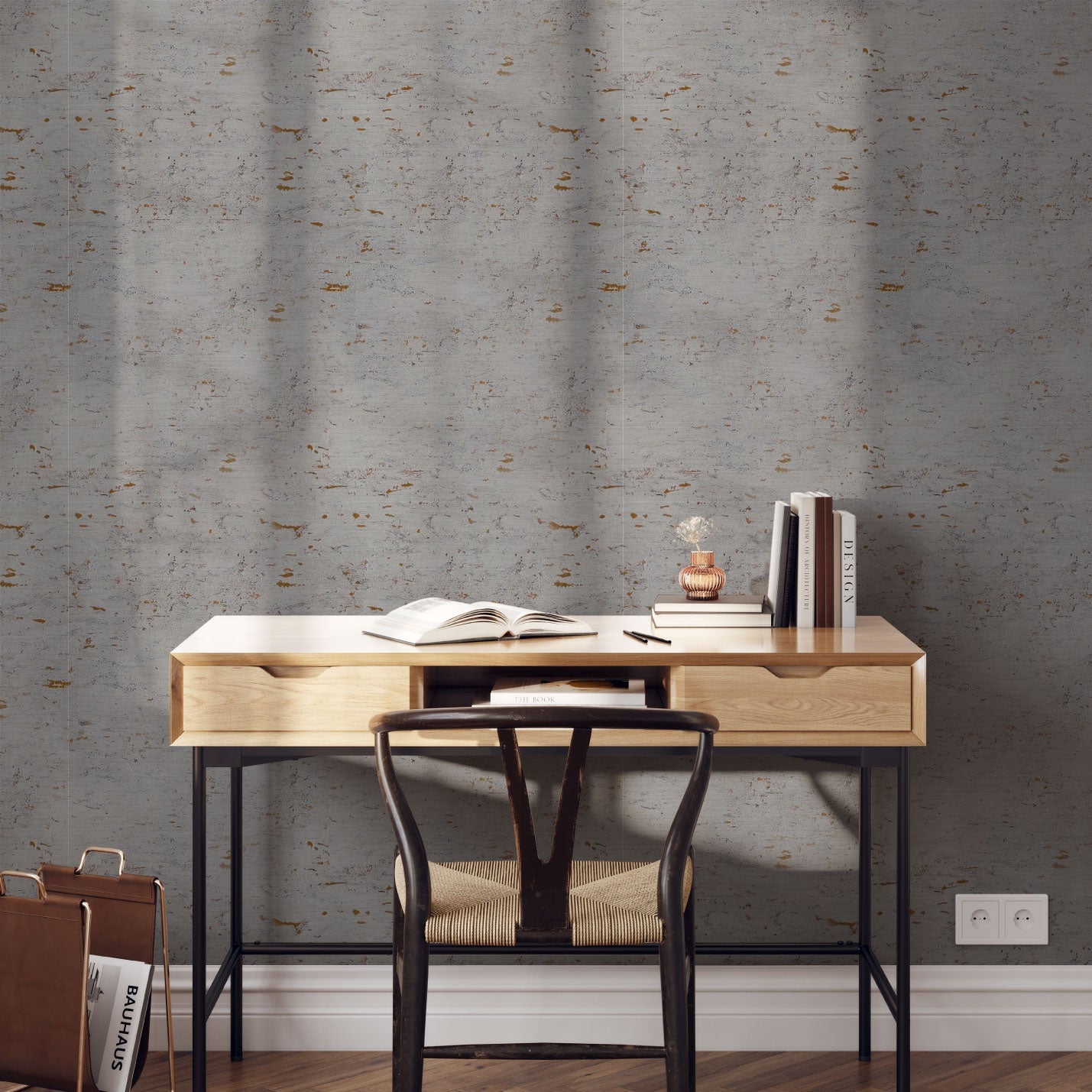 Natural Textured Eco-Friendly Non-toxic High-quality Sustainable practices Sustainability Interior Design Wall covering Bold Wallpaper Custom Tailor-made Retro chic cork nature luxury metallic shiny wood timeless coastal vacation interior design grain high-end gold metallic office study painted grey