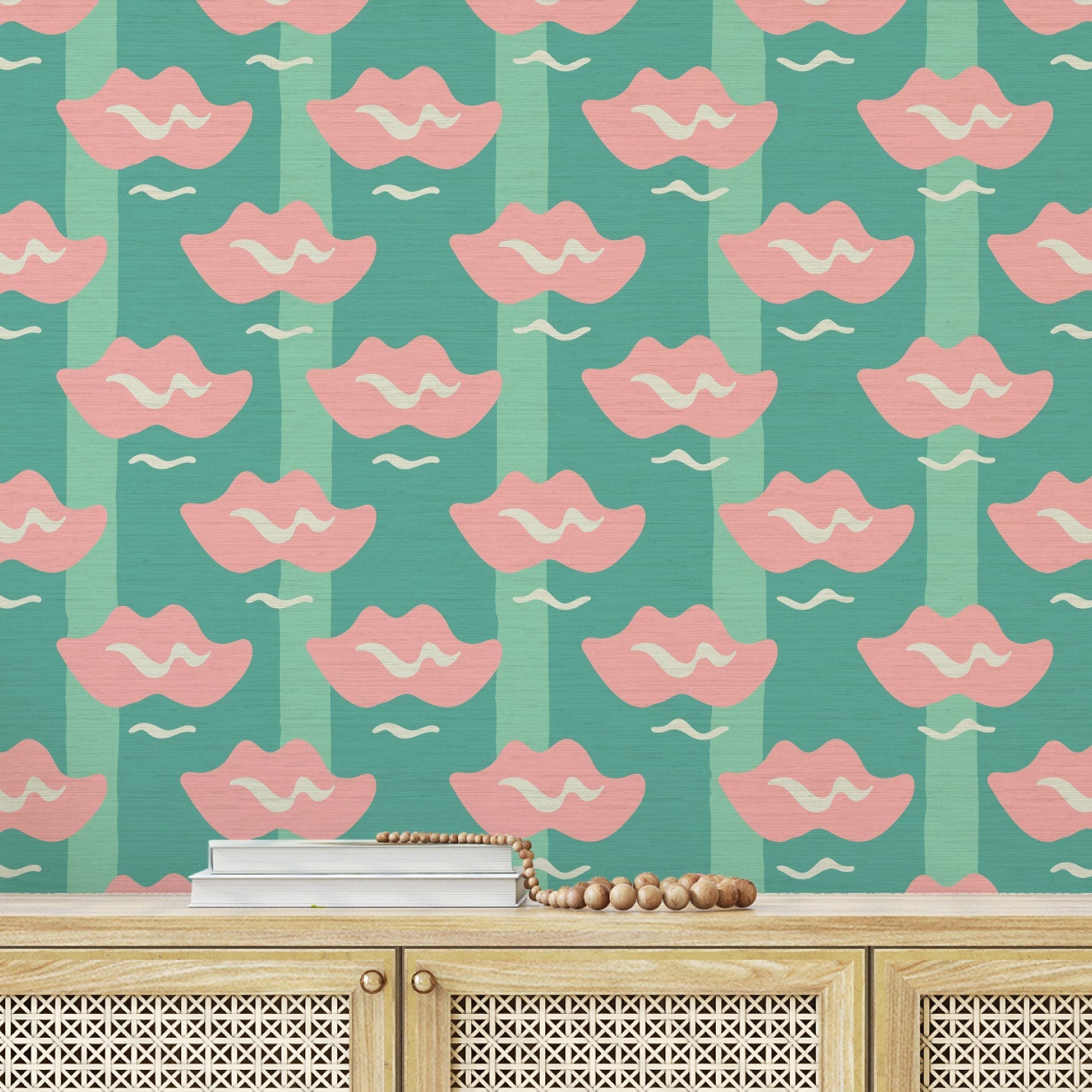 Grasscloth wallpaper Natural Textured Eco-Friendly Non-toxic High-quality  Sustainable Interior Design Bold Custom Tailor-made Retro chic Bold Salon Beauty lips Botox jungle bold stripe lips jungle tropical makeup pink green teal 