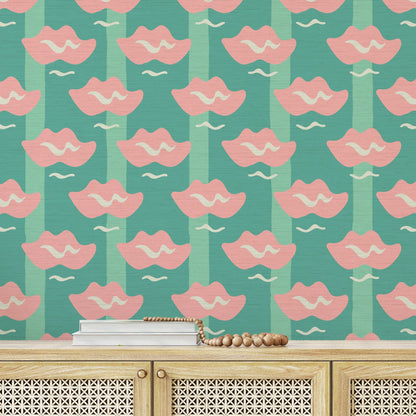 Grasscloth wallpaper Natural Textured Eco-Friendly Non-toxic High-quality  Sustainable Interior Design Bold Custom Tailor-made Retro chic Bold Salon Beauty lips Botox jungle bold stripe lips jungle tropical makeup pink green teal 