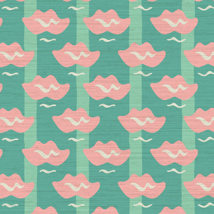 Grasscloth wallpaper Natural Textured Eco-Friendly Non-toxic High-quality  Sustainable Interior Design Bold Custom Tailor-made Retro chic Bold Salon Beauty lips Botox jungle bold stripe lips jungle tropical makeup pink green teal 