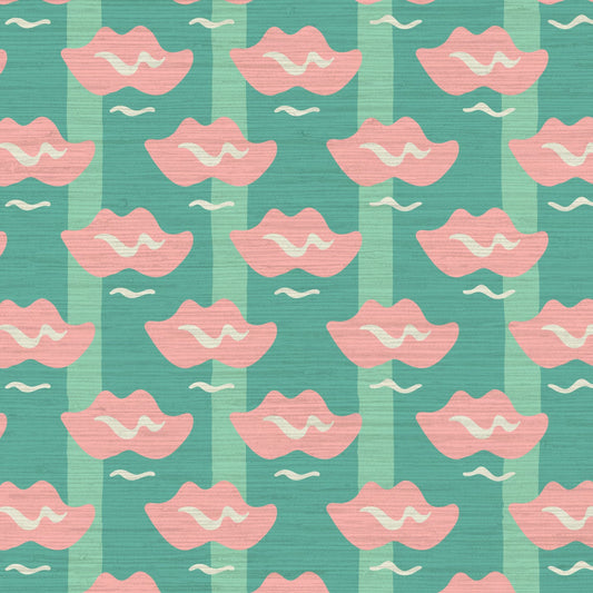 Grasscloth wallpaper Natural Textured Eco-Friendly Non-toxic High-quality  Sustainable Interior Design Bold Custom Tailor-made Retro chic Bold Salon Beauty lips Botox jungle bold stripe lips jungle tropical makeup pink green teal 