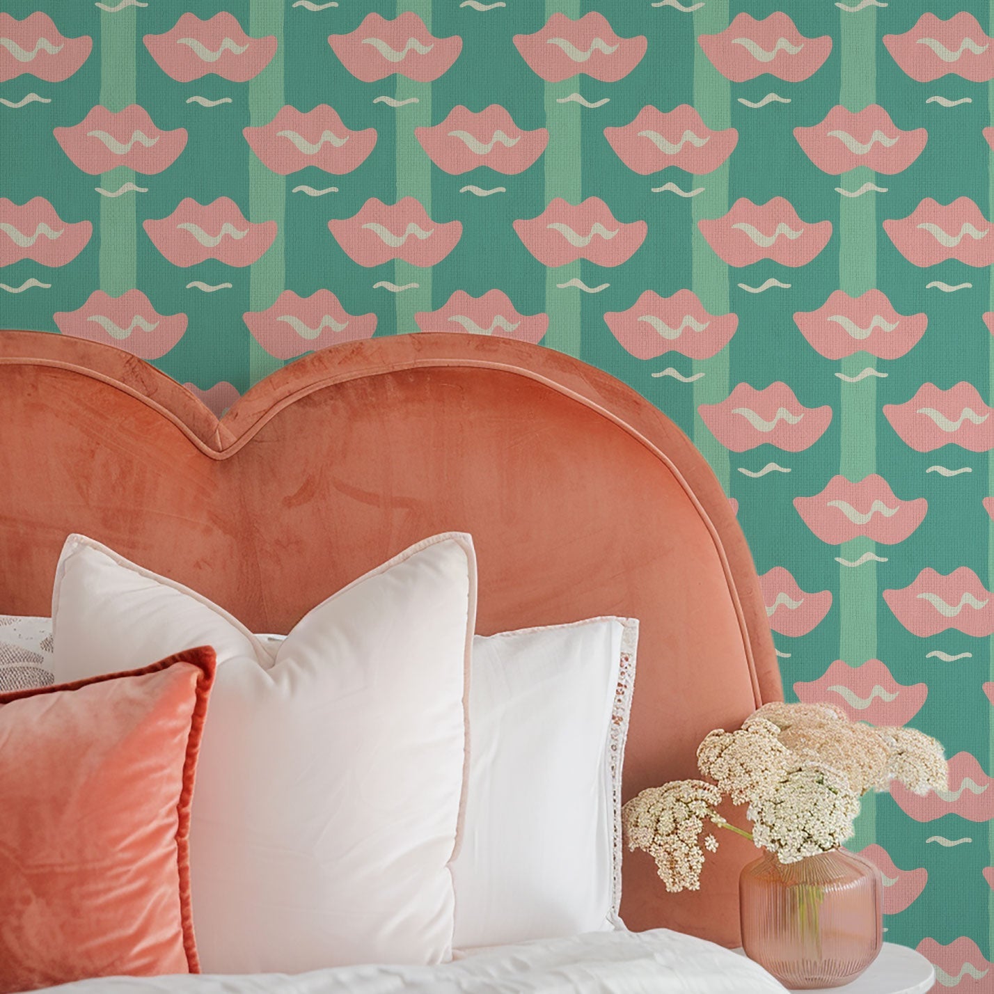 wallpaper Natural Textured Eco-Friendly Non-toxic High-quality  Sustainable Interior Design Bold Custom Tailor-made Retro chic Bold Salon Beauty lips Botox jungle bold stripe lips jungle tropical makeup pink green teal paper weave paperweave basketweave basket weave