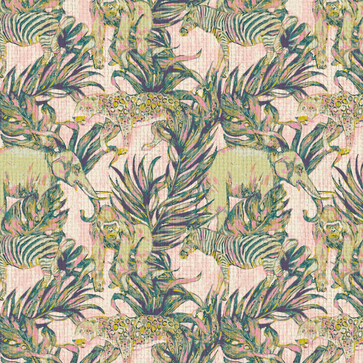 wallpaper Natural Textured Eco-Friendly Non-toxic High-quality Sustainable Interior Design Bold Custom Tropical Jungle Coastal Garden palm leaf tree zoo safari elephant zebra cheetah gorilla water color oversized kids playroom nursery green olive pink pastel paperweave paper weave