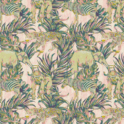 wallpaper Natural Textured Eco-Friendly Non-toxic High-quality Sustainable Interior Design Bold Custom Tropical Jungle Coastal Garden palm leaf tree zoo safari elephant zebra cheetah gorilla water color oversized kids playroom nursery green olive pink pastel paperweave paper weave